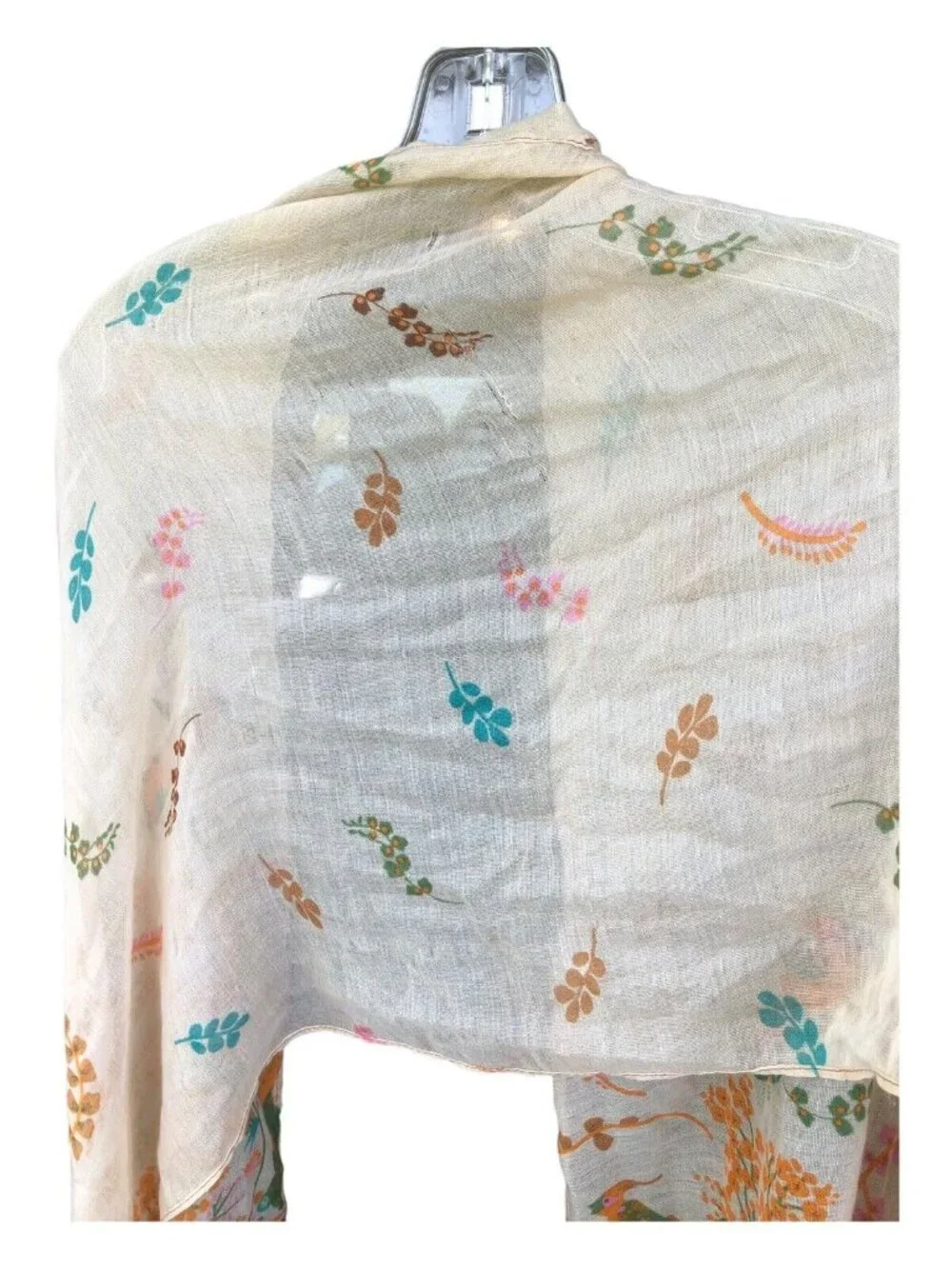 Multi Color Leaf Print Bird Accent Boho Rectangle Sheer Scarf READ